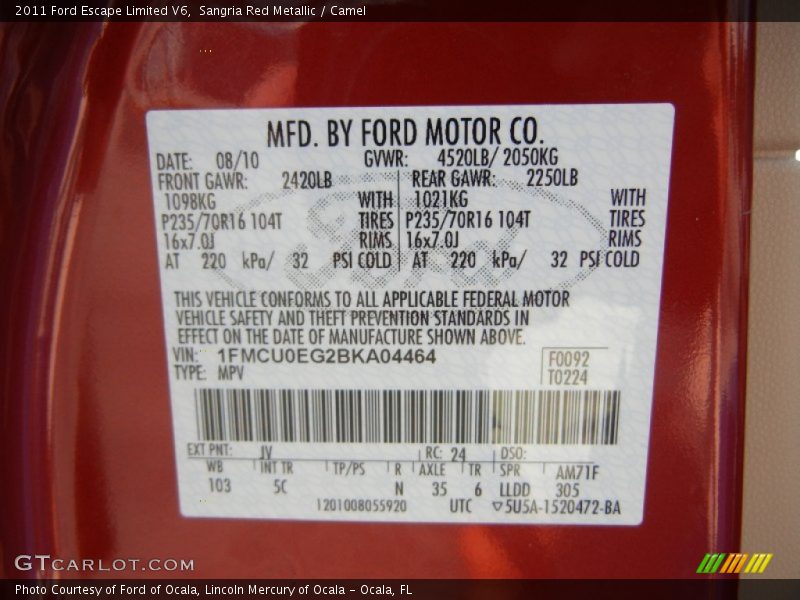 2011 Escape Limited V6 Sangria Red Metallic Color Code JV
