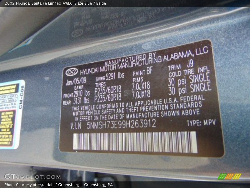 Slate Blue / Beige 2009 Hyundai Santa Fe Limited 4WD