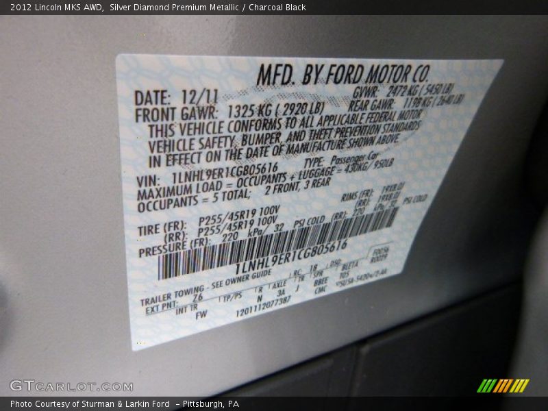 Silver Diamond Premium Metallic / Charcoal Black 2012 Lincoln MKS AWD