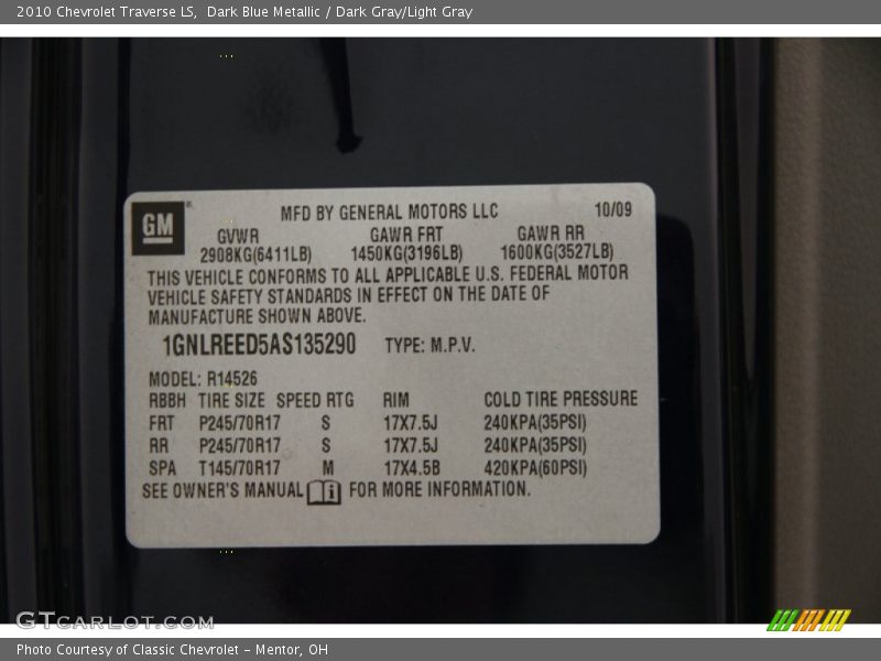 Dark Blue Metallic / Dark Gray/Light Gray 2010 Chevrolet Traverse LS