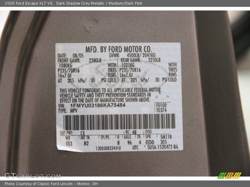 2006 Escape XLT V6 Dark Shadow Grey Metallic Color Code CX