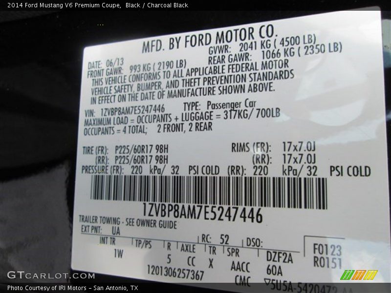 2014 Mustang V6 Premium Coupe Black Color Code UA