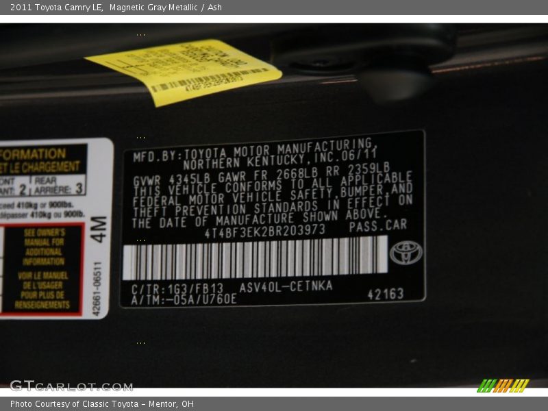 Magnetic Gray Metallic / Ash 2011 Toyota Camry LE