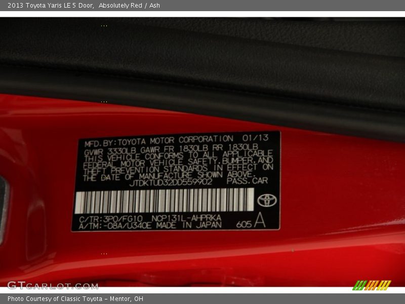 Absolutely Red / Ash 2013 Toyota Yaris LE 5 Door