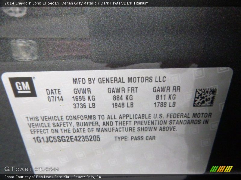 Ashen Gray Metallic / Dark Pewter/Dark Titanium 2014 Chevrolet Sonic LT Sedan