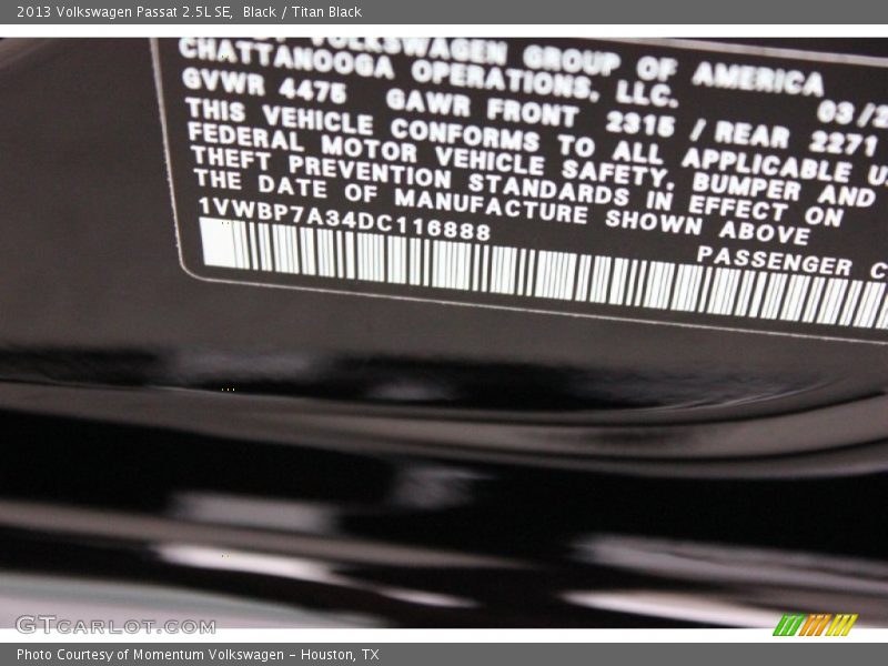 Black / Titan Black 2013 Volkswagen Passat 2.5L SE