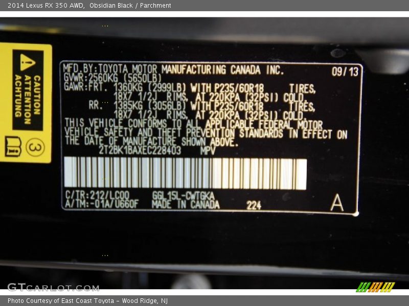 Obsidian Black / Parchment 2014 Lexus RX 350 AWD