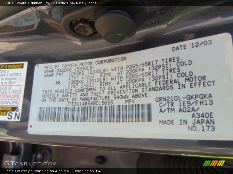 Galactic Gray Mica / Stone 2004 Toyota 4Runner SR5