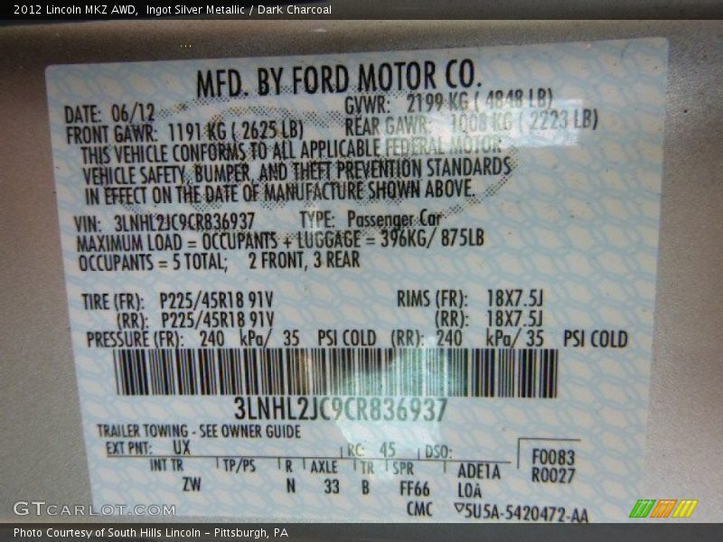 Ingot Silver Metallic / Dark Charcoal 2012 Lincoln MKZ AWD