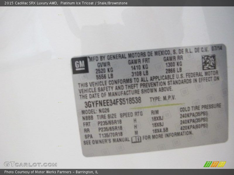 Info Tag of 2015 SRX Luxury AWD