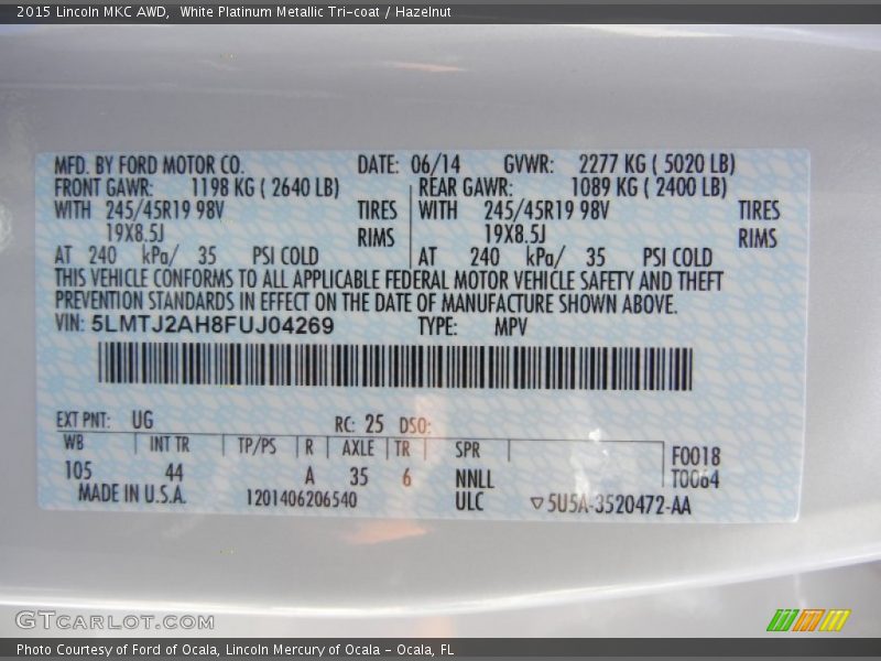 2015 MKC AWD White Platinum Metallic Tri-coat Color Code UG