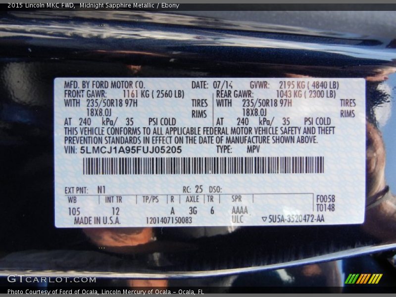 2015 MKC FWD Midnight Sapphire Metallic Color Code N1