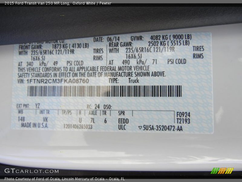 2015 Transit Van 250 MR Long Oxford White Color Code YZ