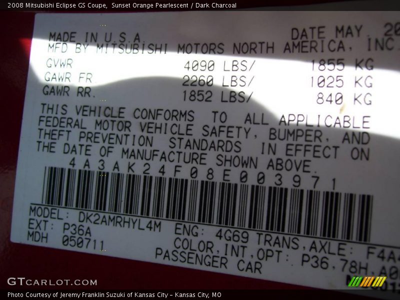 Sunset Orange Pearlescent / Dark Charcoal 2008 Mitsubishi Eclipse GS Coupe