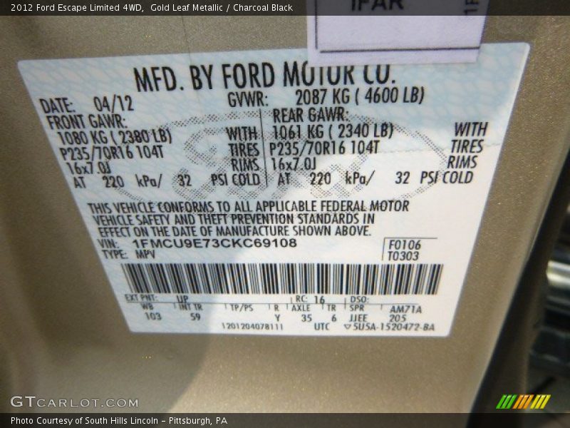 Gold Leaf Metallic / Charcoal Black 2012 Ford Escape Limited 4WD
