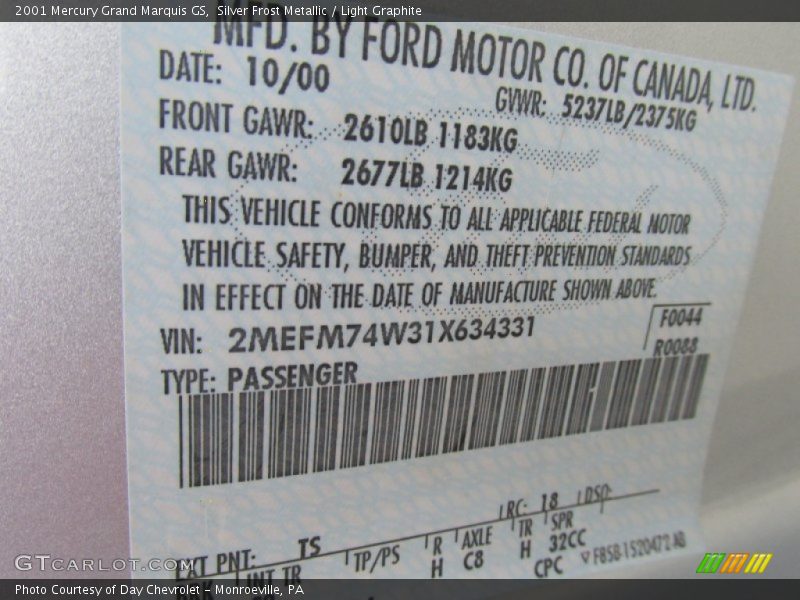 Silver Frost Metallic / Light Graphite 2001 Mercury Grand Marquis GS