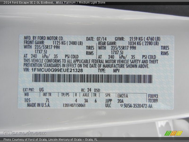 White Platinum / Medium Light Stone 2014 Ford Escape SE 2.0L EcoBoost