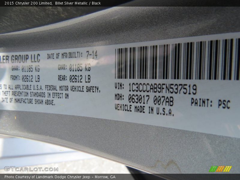 Billet Silver Metallic / Black 2015 Chrysler 200 Limited