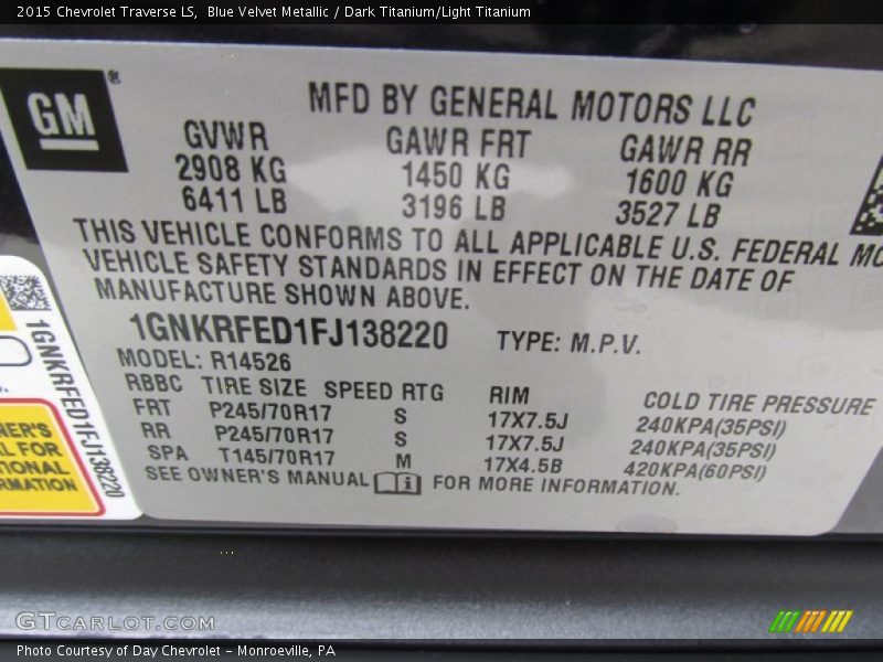 Blue Velvet Metallic / Dark Titanium/Light Titanium 2015 Chevrolet Traverse LS