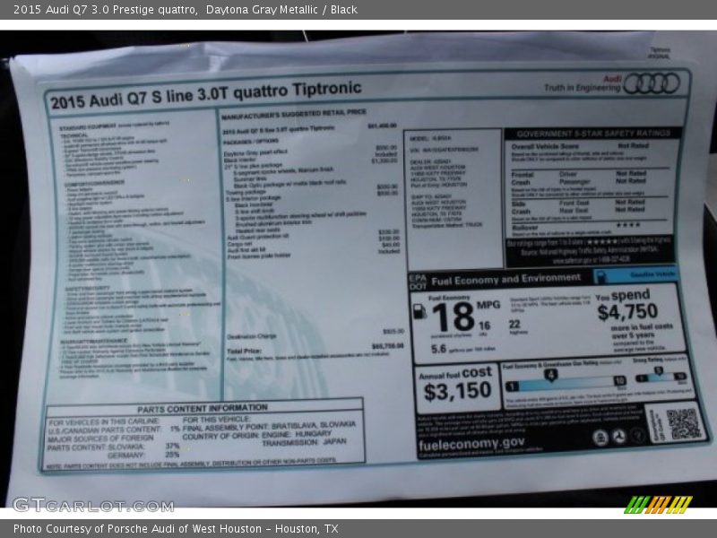  2015 Q7 3.0 Prestige quattro Window Sticker