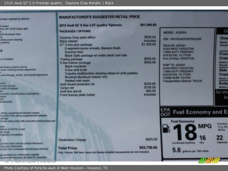  2015 Q7 3.0 Prestige quattro Window Sticker