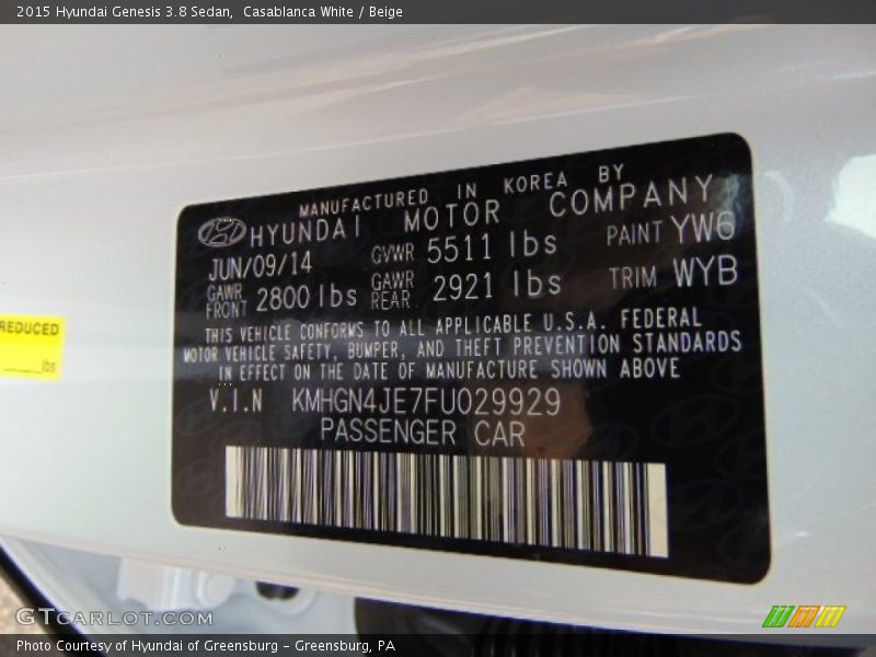 Casablanca White / Beige 2015 Hyundai Genesis 3.8 Sedan