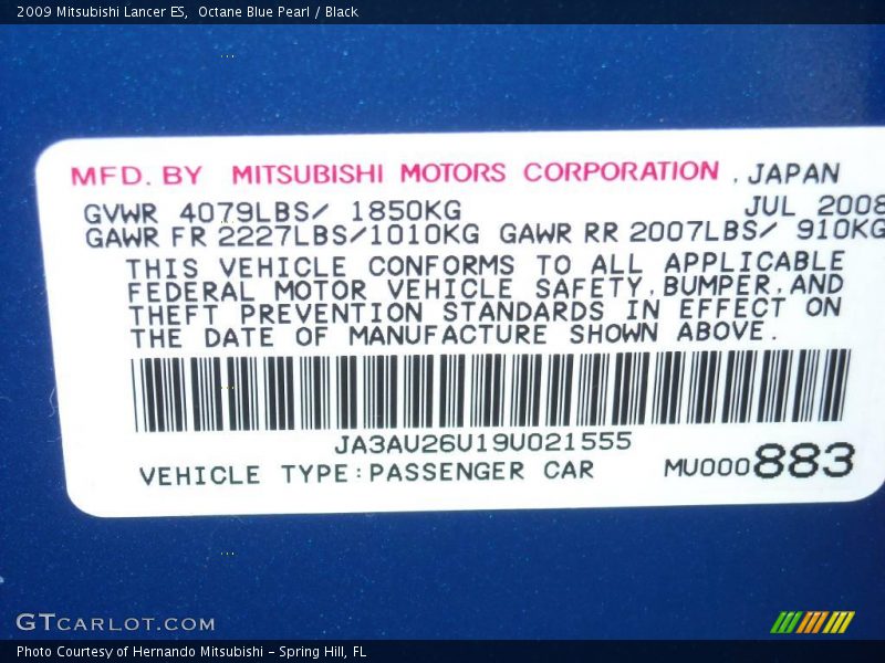 Octane Blue Pearl / Black 2009 Mitsubishi Lancer ES