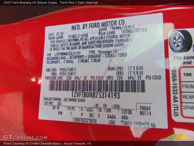 Torch Red / Dark Charcoal 2007 Ford Mustang V6 Deluxe Coupe