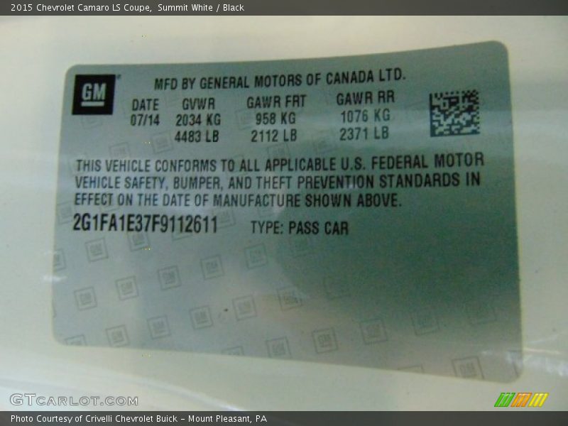 Info Tag of 2015 Camaro LS Coupe