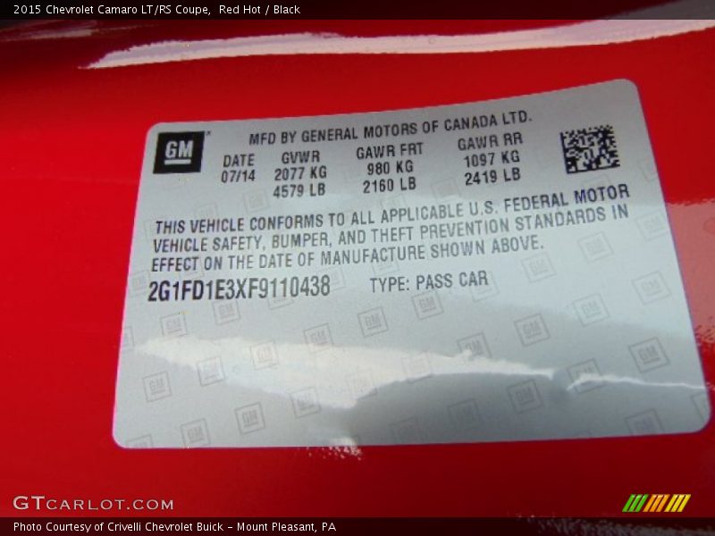 Info Tag of 2015 Camaro LT/RS Coupe