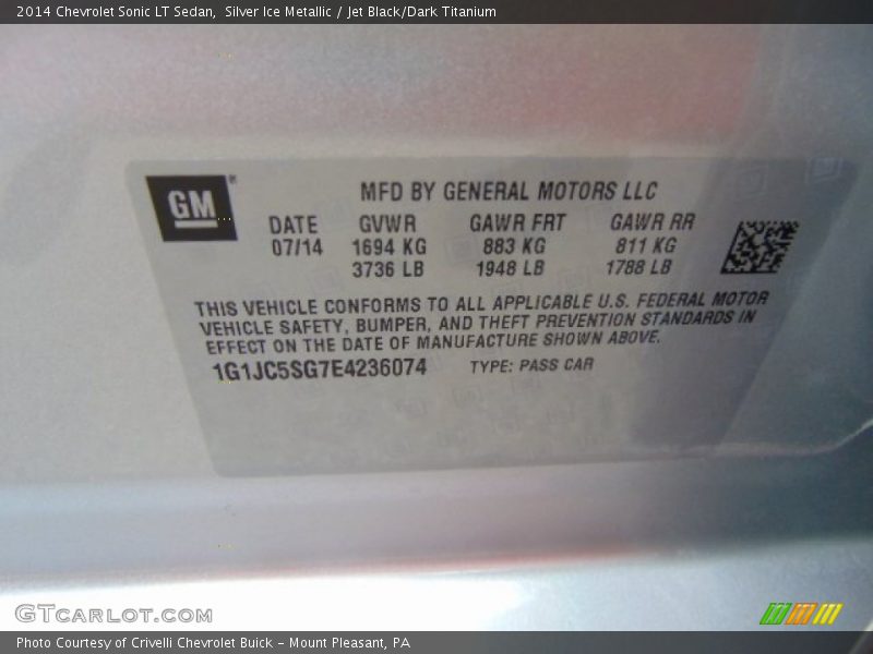 Silver Ice Metallic / Jet Black/Dark Titanium 2014 Chevrolet Sonic LT Sedan