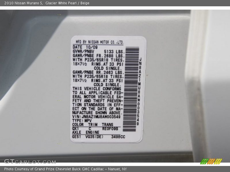 Glacier White Pearl / Beige 2010 Nissan Murano S
