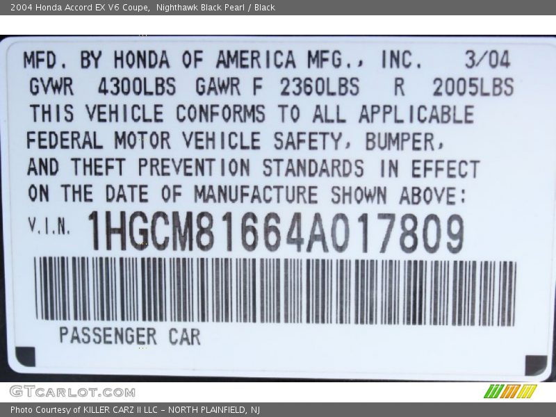 Nighthawk Black Pearl / Black 2004 Honda Accord EX V6 Coupe