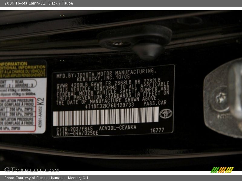 2006 Camry SE Black Color Code 202