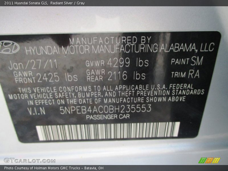 Radiant Silver / Gray 2011 Hyundai Sonata GLS