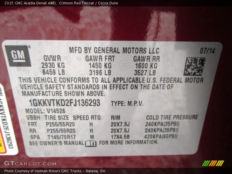 Crimson Red Tincoat / Cocoa Dune 2015 GMC Acadia Denali AWD