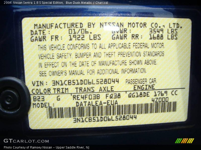 Blue Dusk Metallic / Charcoal 2006 Nissan Sentra 1.8 S Special Edition
