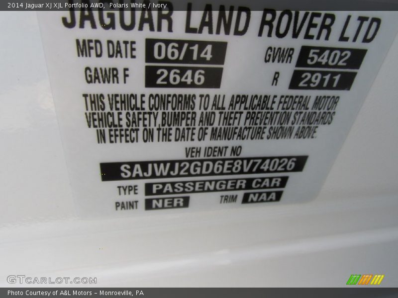 Polaris White / Ivory 2014 Jaguar XJ XJL Portfolio AWD