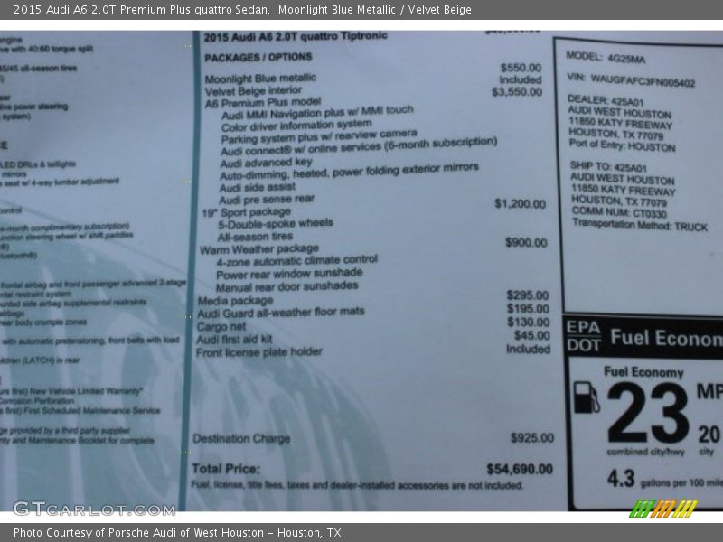 Moonlight Blue Metallic / Velvet Beige 2015 Audi A6 2.0T Premium Plus quattro Sedan