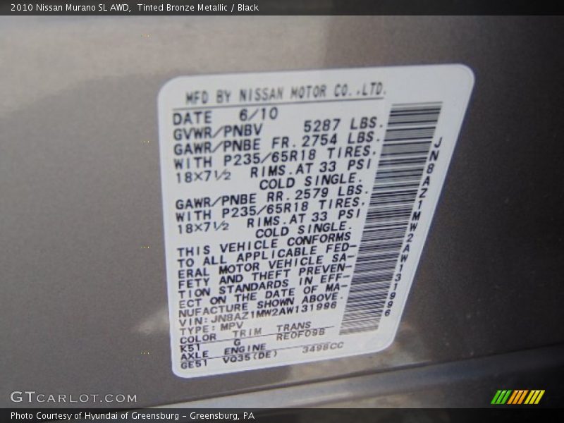 Tinted Bronze Metallic / Black 2010 Nissan Murano SL AWD