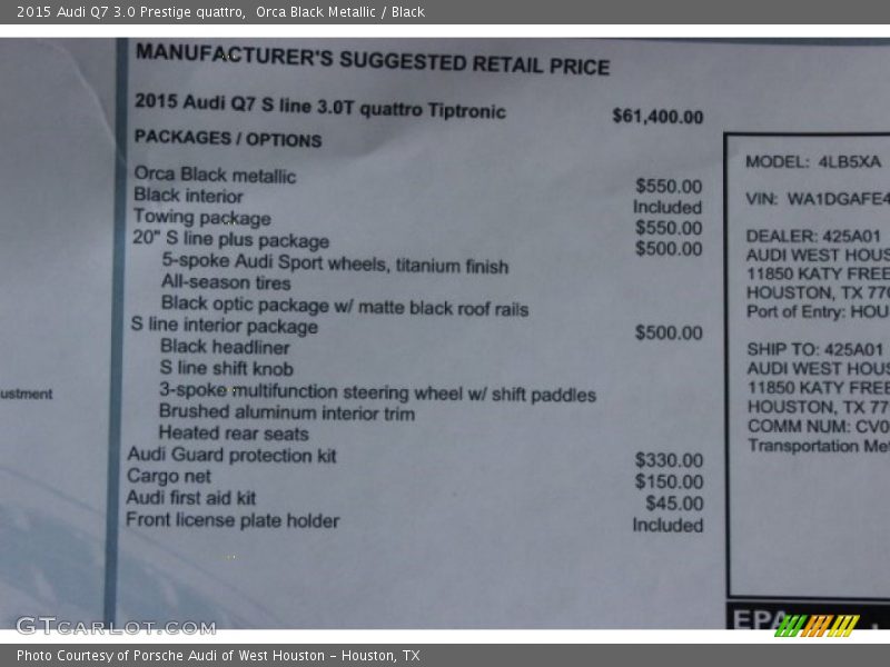  2015 Q7 3.0 Prestige quattro Window Sticker