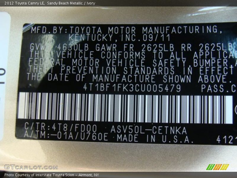 Sandy Beach Metallic / Ivory 2012 Toyota Camry LE