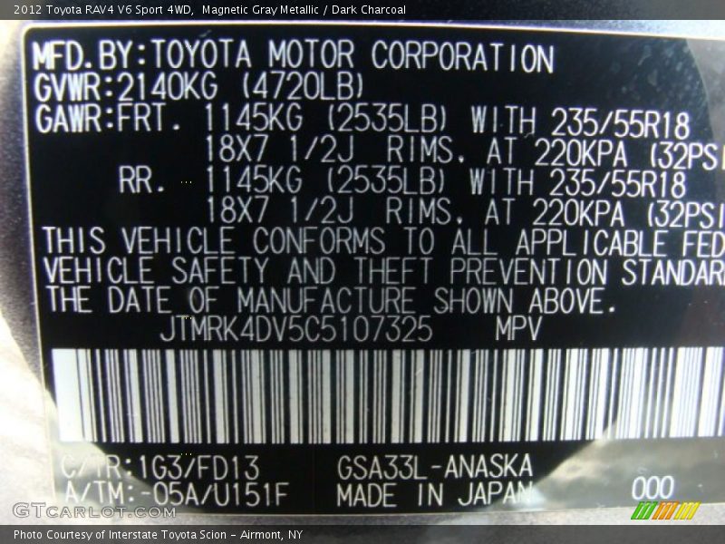 Magnetic Gray Metallic / Dark Charcoal 2012 Toyota RAV4 V6 Sport 4WD