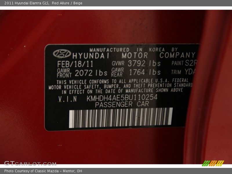 Red Allure / Beige 2011 Hyundai Elantra GLS