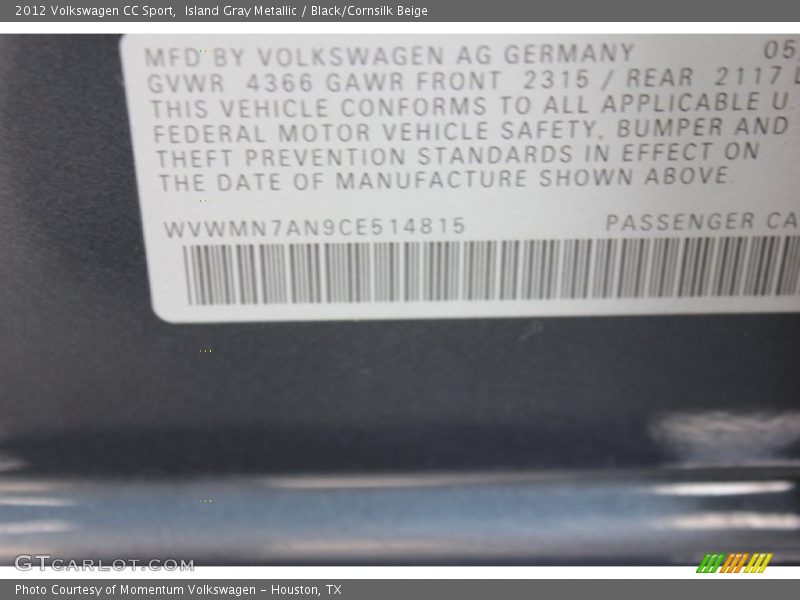 Island Gray Metallic / Black/Cornsilk Beige 2012 Volkswagen CC Sport