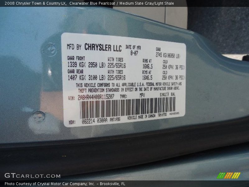 Clearwater Blue Pearlcoat / Medium Slate Gray/Light Shale 2008 Chrysler Town & Country LX