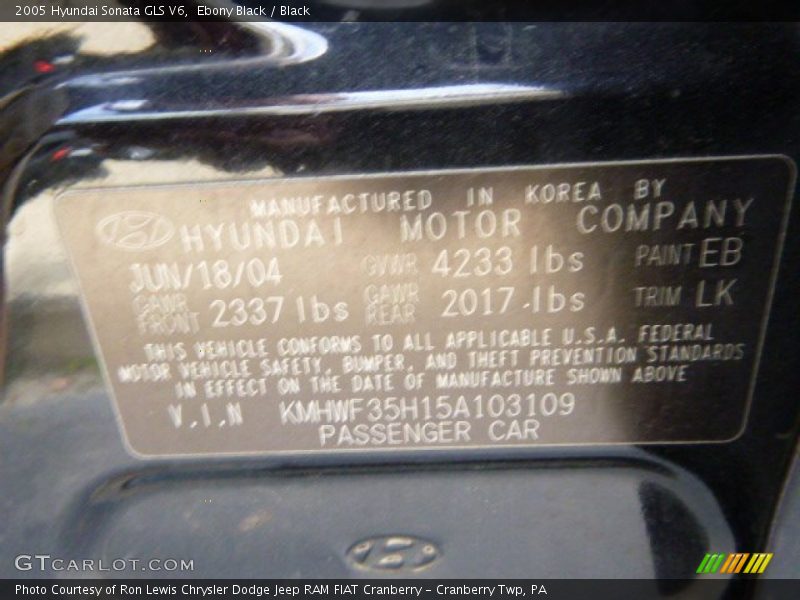 Ebony Black / Black 2005 Hyundai Sonata GLS V6