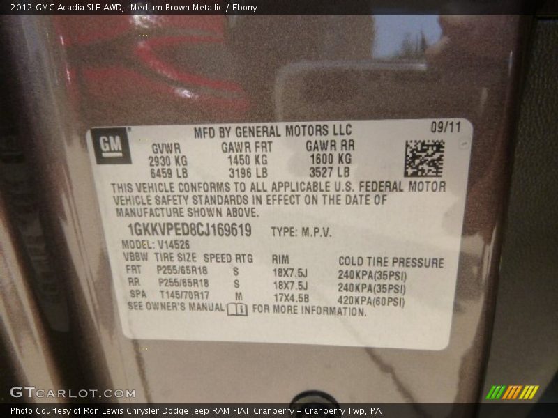 Medium Brown Metallic / Ebony 2012 GMC Acadia SLE AWD