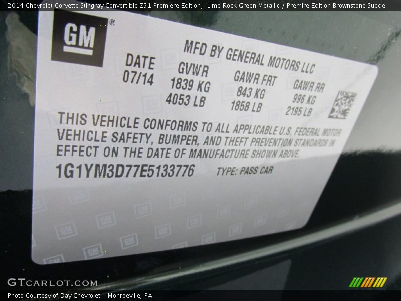 Info Tag of 2014 Corvette Stingray Convertible Z51 Premiere Edition
