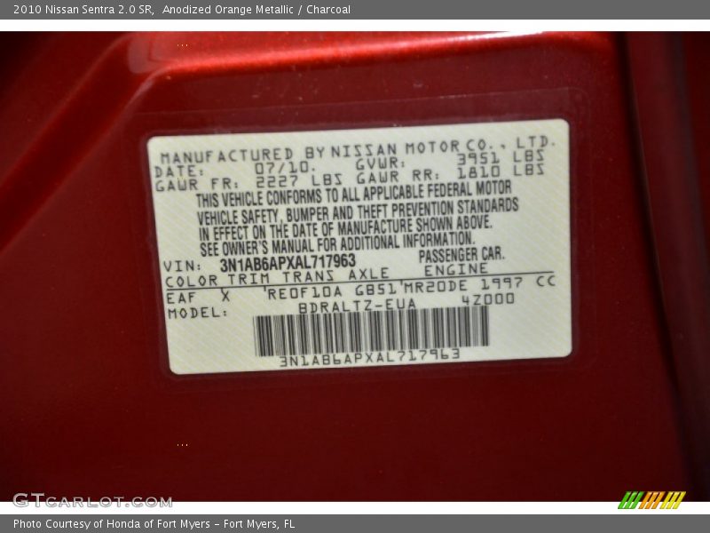 Anodized Orange Metallic / Charcoal 2010 Nissan Sentra 2.0 SR